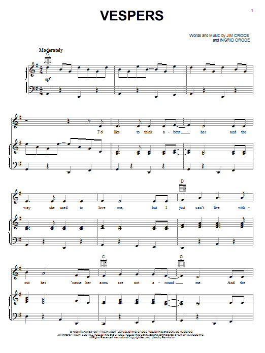 Jim Croce Vespers Sheet Music Notes & Chords for Piano, Vocal & Guitar (Right-Hand Melody) - Download or Print PDF
