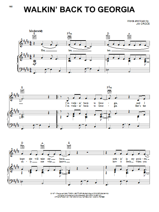 Jim Croce Walkin' Back To Georgia Sheet Music Notes & Chords for Lyrics & Chords - Download or Print PDF Jim Croce Walkin' Back To Georgia Sheet Music Notes & Chords for Lyrics & Chords - Download or Print PDF