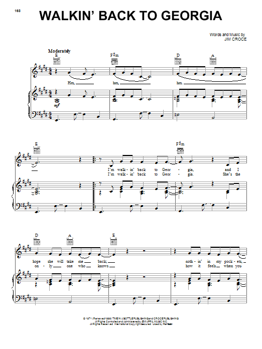 Jim Croce Walkin' Back To Georgia Sheet Music Notes & Chords for Lyrics & Chords - Download or Print PDF