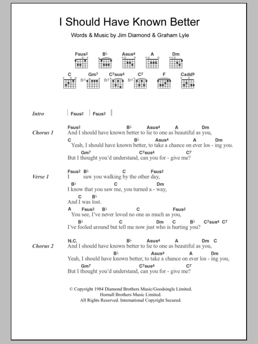 Jim Diamond I Should Have Known Better Sheet Music Notes & Chords for Lyrics & Chords - Download or Print PDF