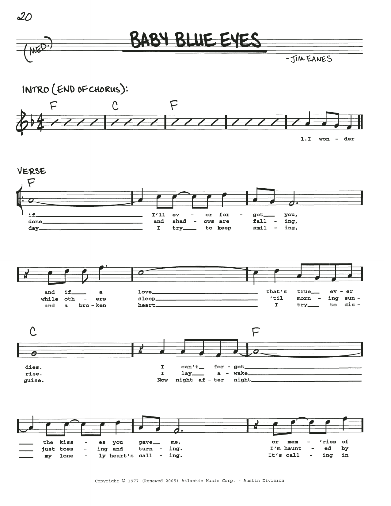 Jim Eanes Baby Blue Eyes Sheet Music Notes & Chords for Real Book – Melody, Lyrics & Chords - Download or Print PDF
