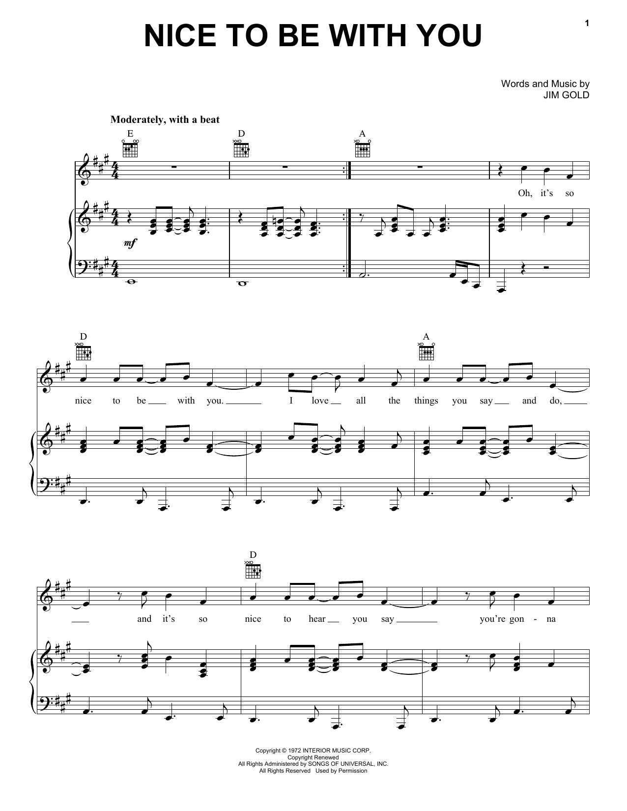 Jim Gold Nice To Be With You Sheet Music Notes & Chords for Piano, Vocal & Guitar (Right-Hand Melody) - Download or Print PDF