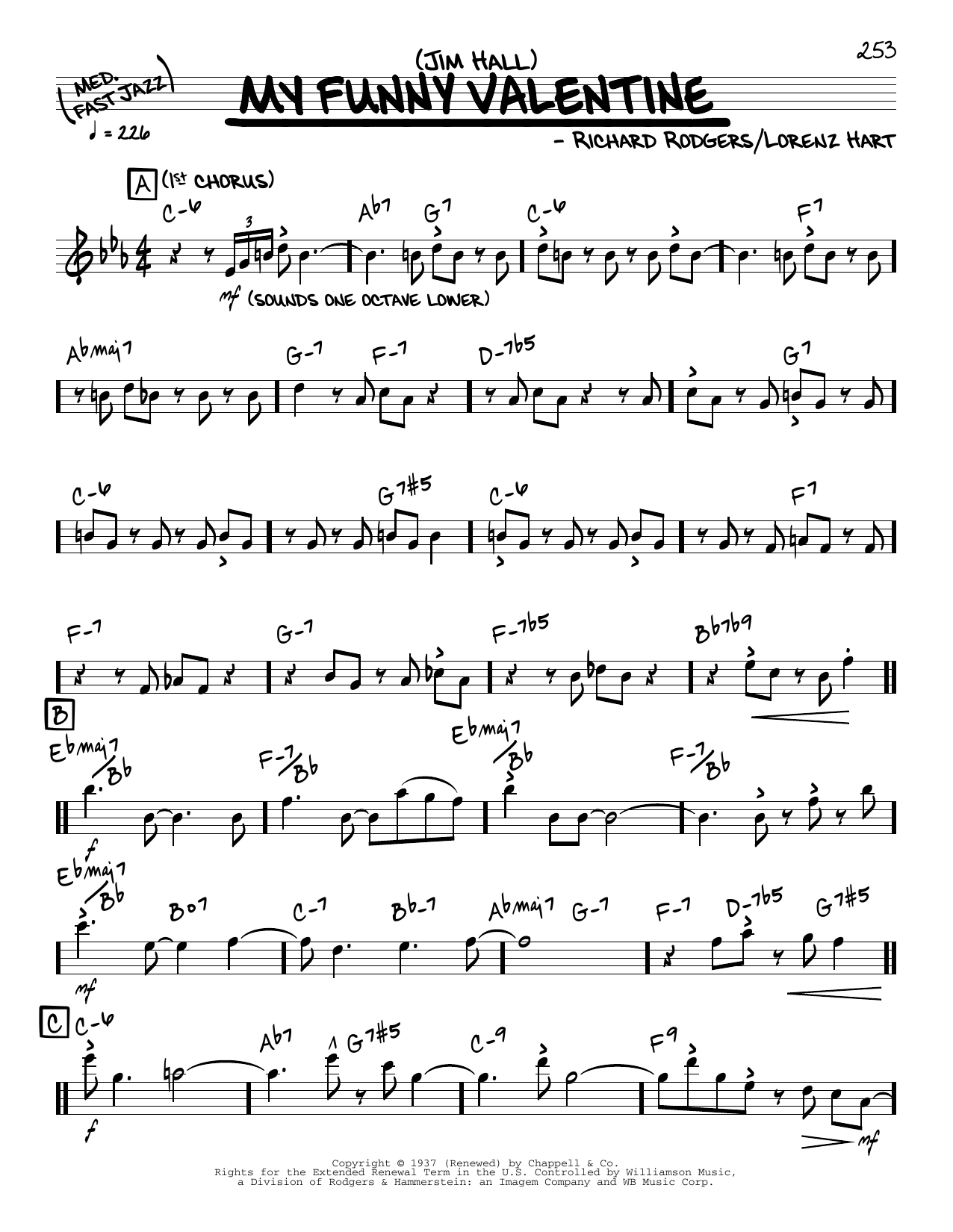 Jim Hall My Funny Valentine (solo only) Sheet Music Notes & Chords for Real Book – Melody & Chords - Download or Print PDF