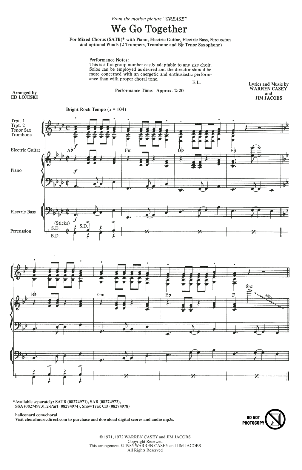 Jim Jacobs & Warren Casey We Go Together (from Grease) (arr. Ed Lojeski) Sheet Music Notes & Chords for 2-Part Choir - Download or Print PDF