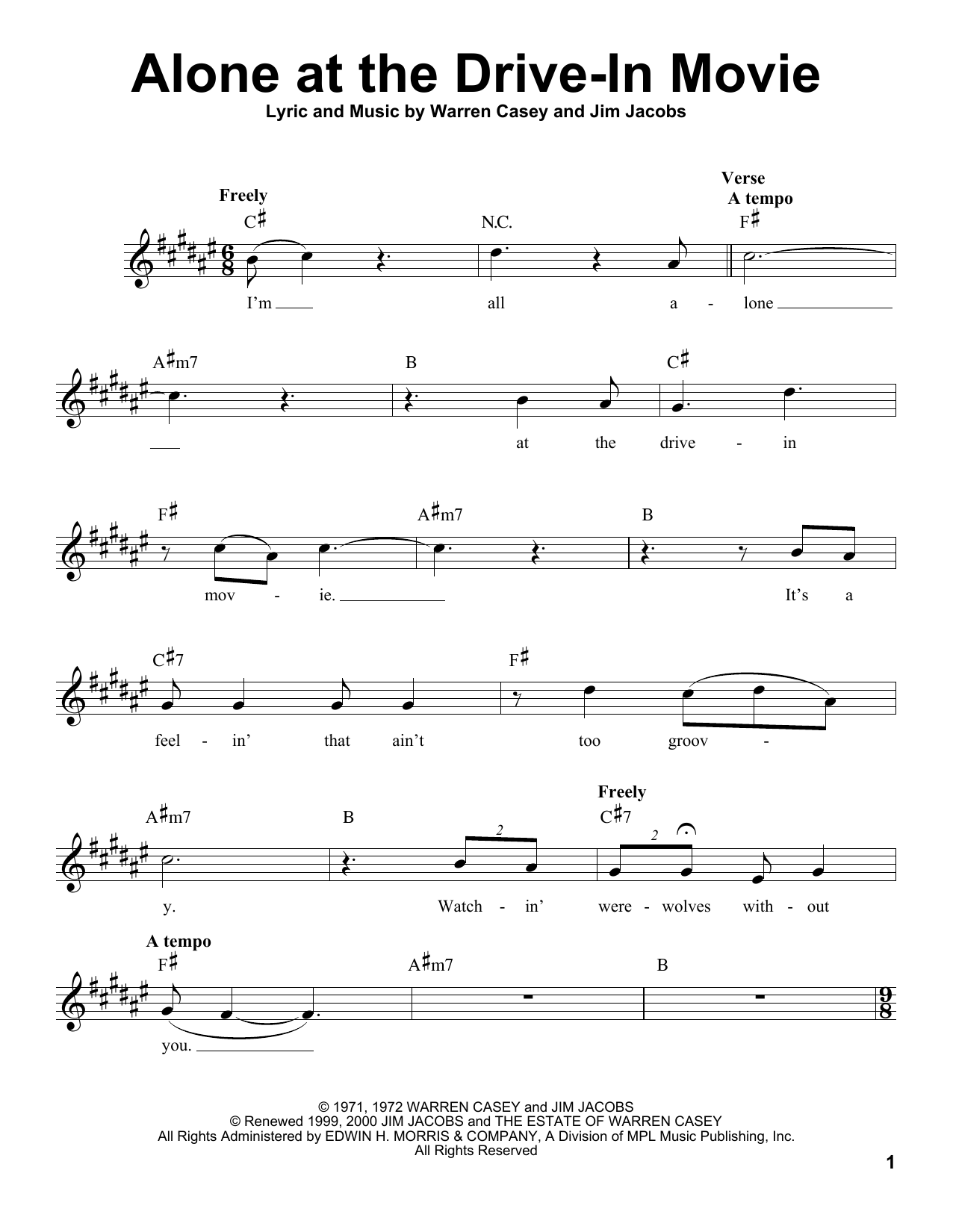 Jim Jacobs Alone At The Drive-In Movie Sheet Music Notes & Chords for Voice - Download or Print PDF