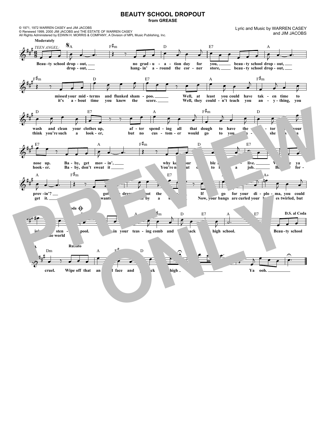 Jim Jacobs Beauty School Dropout Sheet Music Notes & Chords for Melody Line, Lyrics & Chords - Download or Print PDF