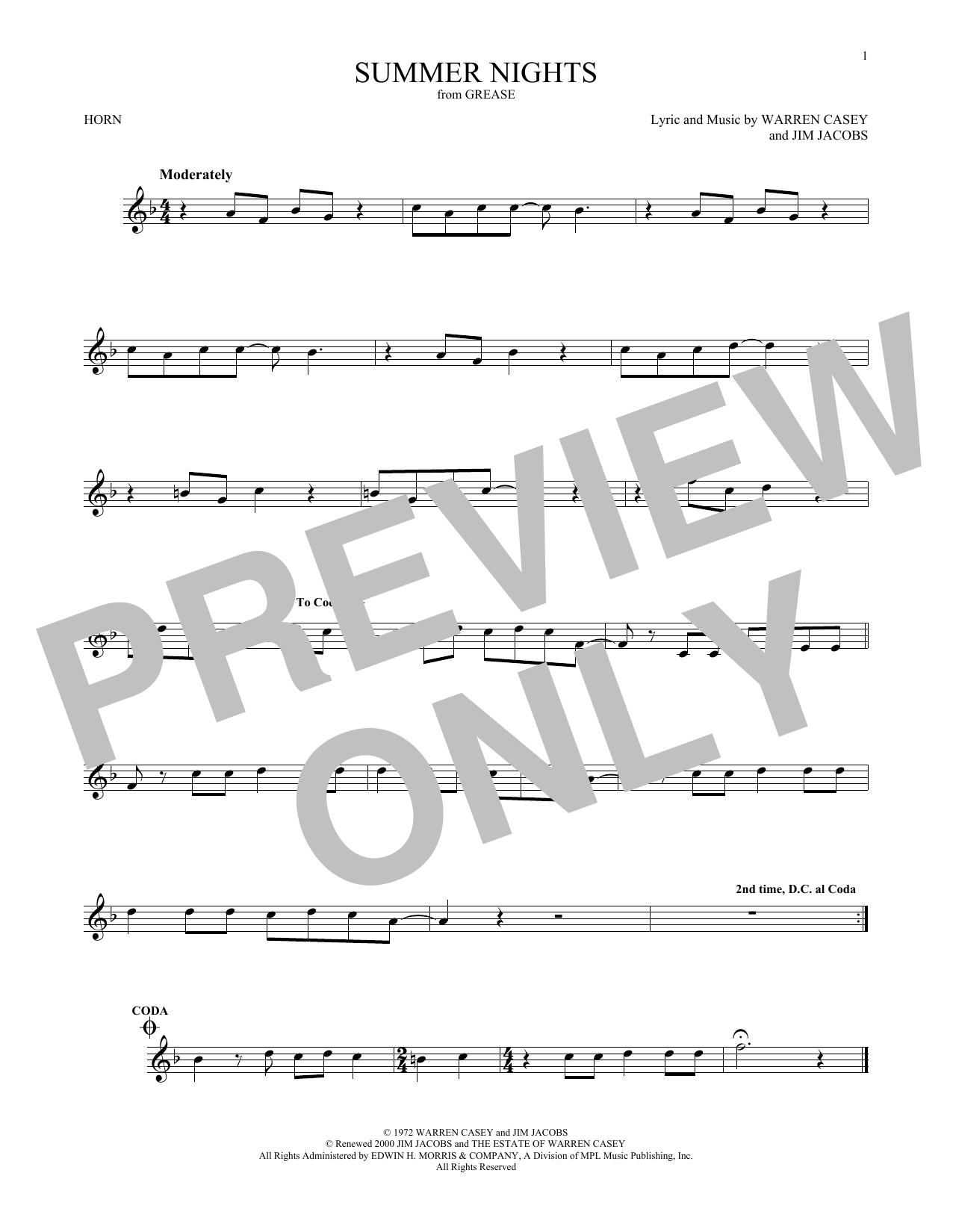 Jim Jacobs Summer Nights Sheet Music Notes & Chords for Melody Line, Lyrics & Chords - Download or Print PDF