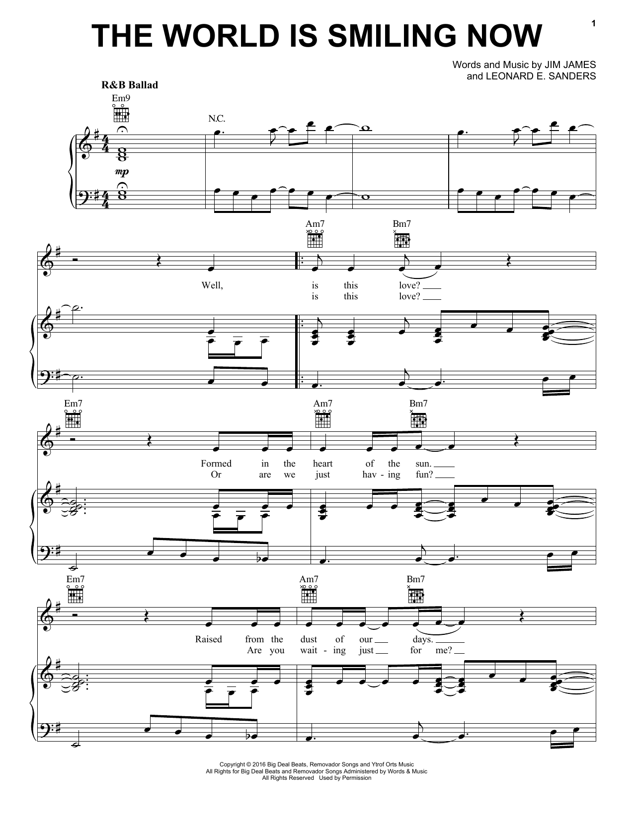 Jim James The World Is Smiling Now Sheet Music Notes & Chords for Piano, Vocal & Guitar (Right-Hand Melody) - Download or Print PDF