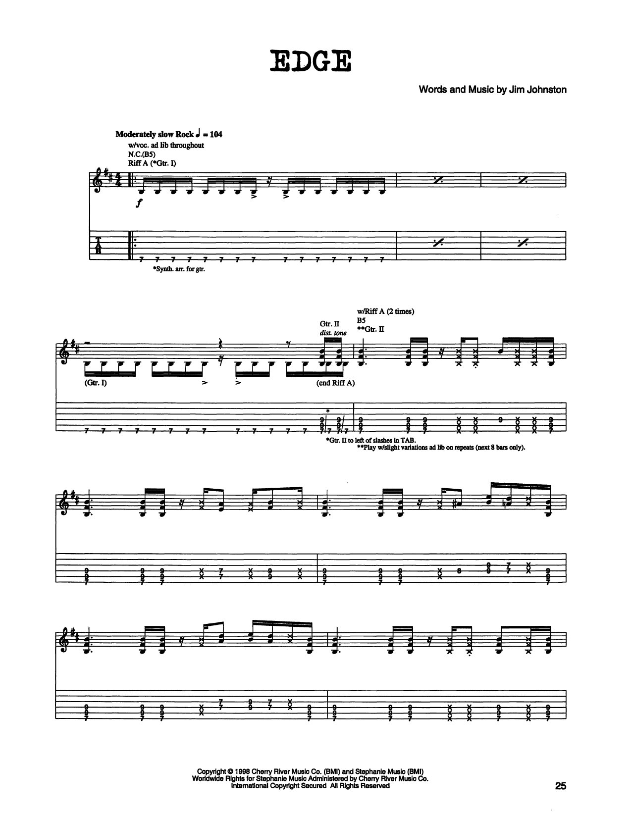 Jim Johnston Edge Sheet Music Notes & Chords for Guitar Tab - Download or Print PDF