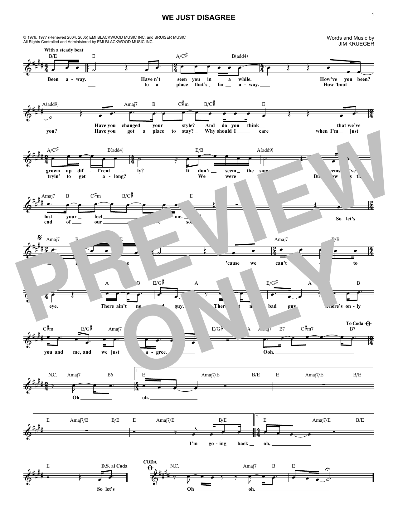 Jim Krueger We Just Disagree Sheet Music Notes & Chords for Melody Line, Lyrics & Chords - Download or Print PDF