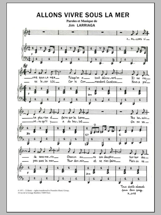 Jim Larriaga ALLONS VIVRE SOUS LA MER Sheet Music Notes & Chords for Piano & Vocal - Download or Print PDF