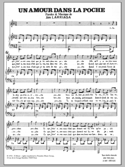 Jim Larriaga Amour Dans La Poche Sheet Music Notes & Chords for Piano & Vocal - Download or Print PDF