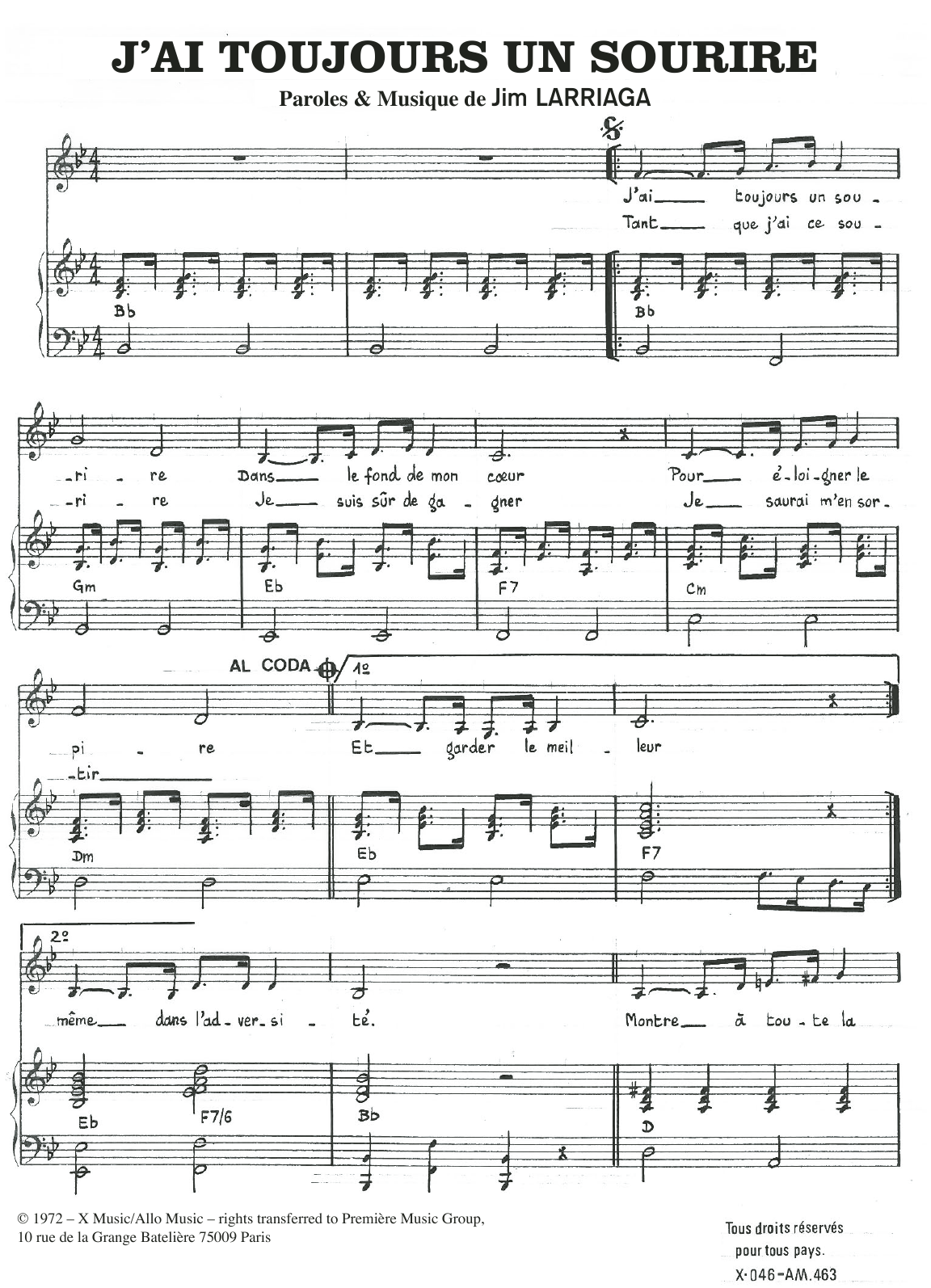 Jim Larriaga J'ai Toujours un Sourire Sheet Music Notes & Chords for Piano & Vocal - Download or Print PDF