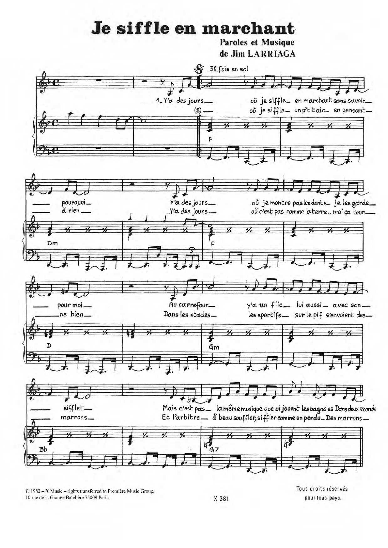 Jim Larriaga Je Siffle En Marchant Sheet Music Notes & Chords for Piano & Vocal - Download or Print PDF