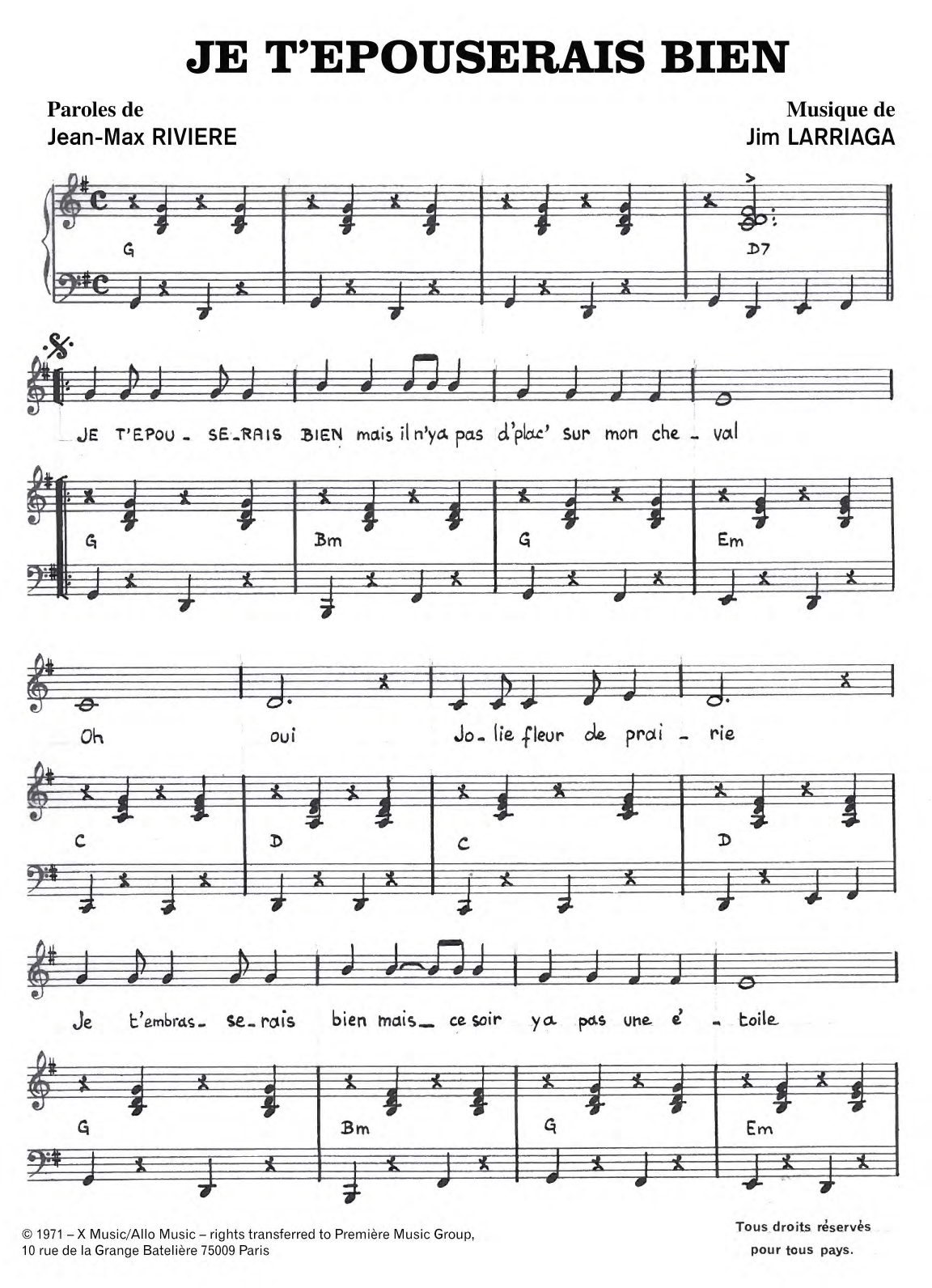 Jim Larriaga Je t'espouserai Bien Sheet Music Notes & Chords for Piano & Vocal - Download or Print PDF