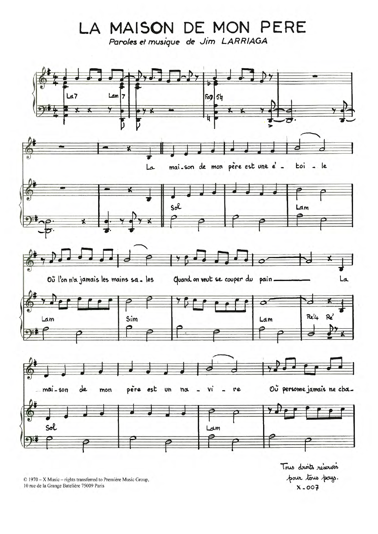 Jim Larriaga La Maison De Mon Pere Sheet Music Notes & Chords for Piano & Vocal - Download or Print PDF