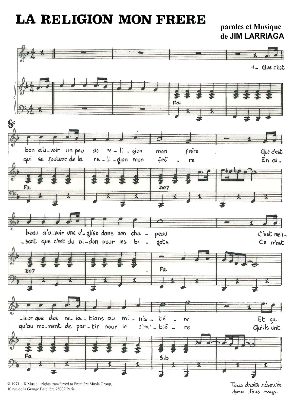 Jim Larriaga La Religion Mon Frere Sheet Music Notes & Chords for Piano & Vocal - Download or Print PDF