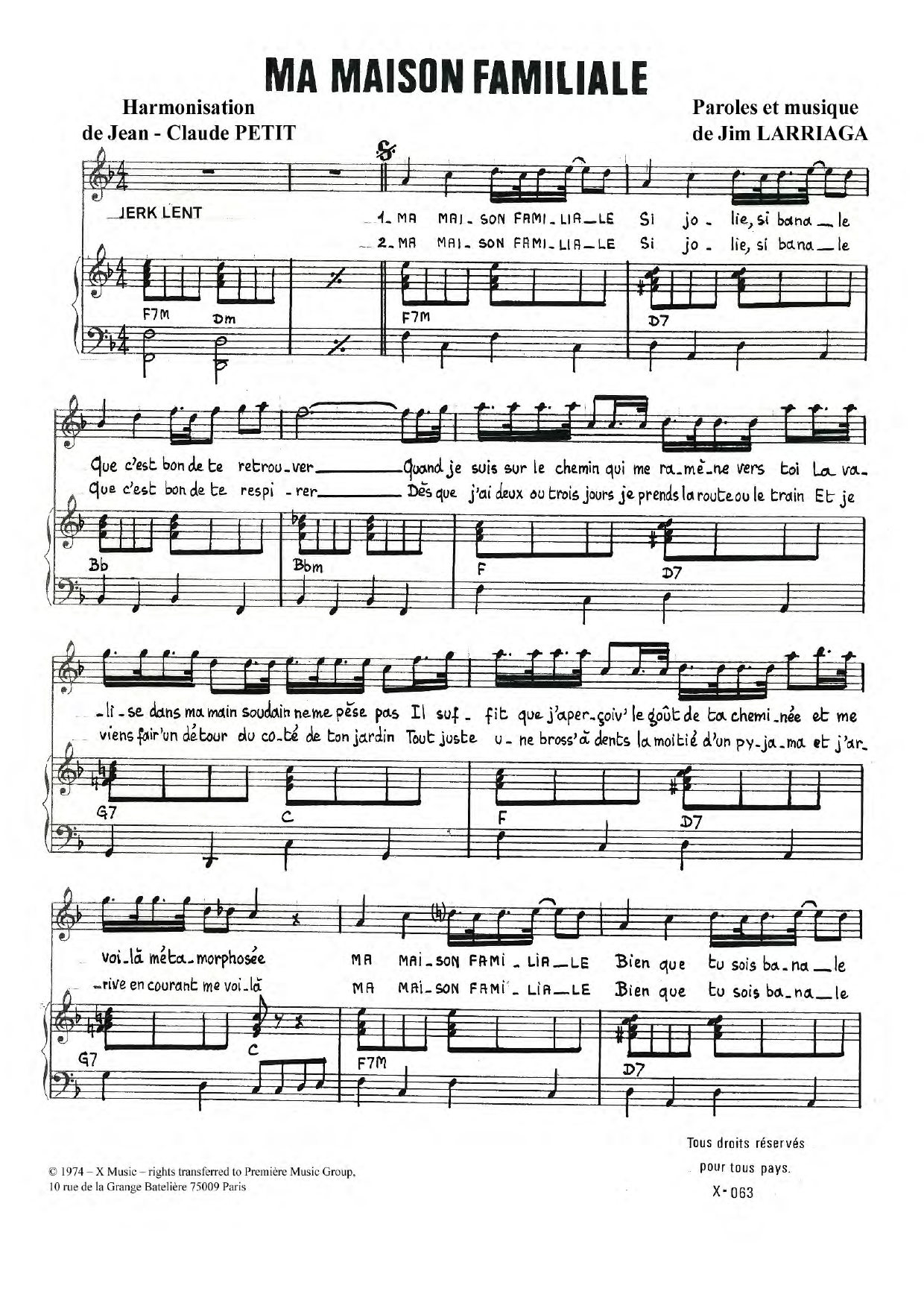Jim Larriaga Ma Maison Familiale Sheet Music Notes & Chords for Piano & Vocal - Download or Print PDF