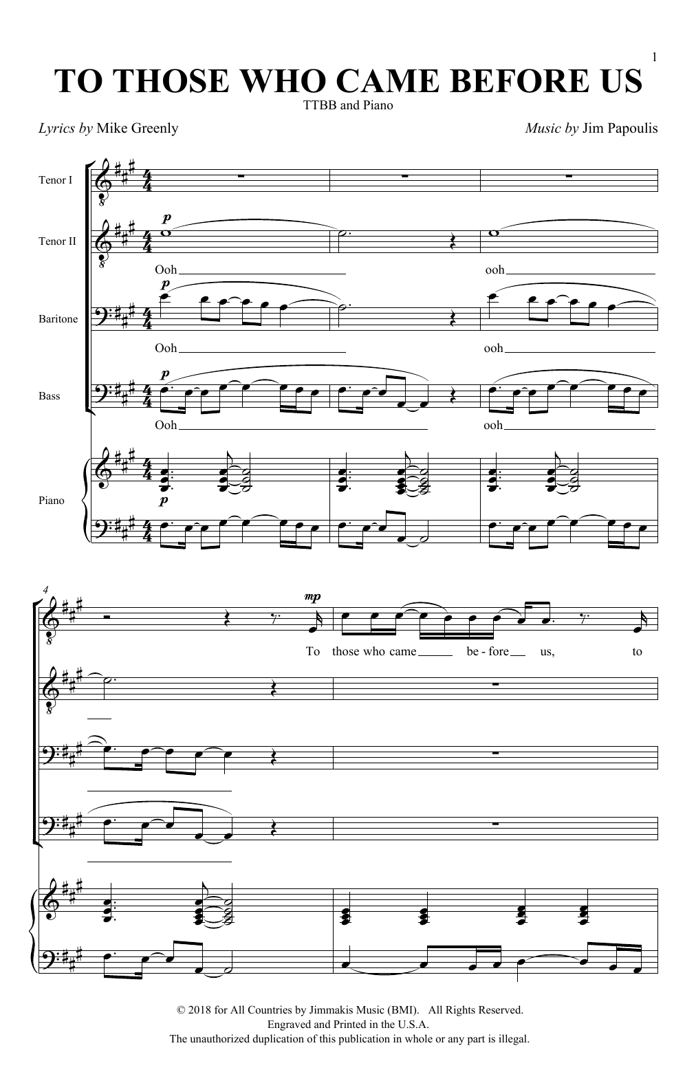 Jim Papoulis & Mike Greenly To Those Who Came Before Us Sheet Music Notes & Chords for TTBB Choir - Download or Print PDF