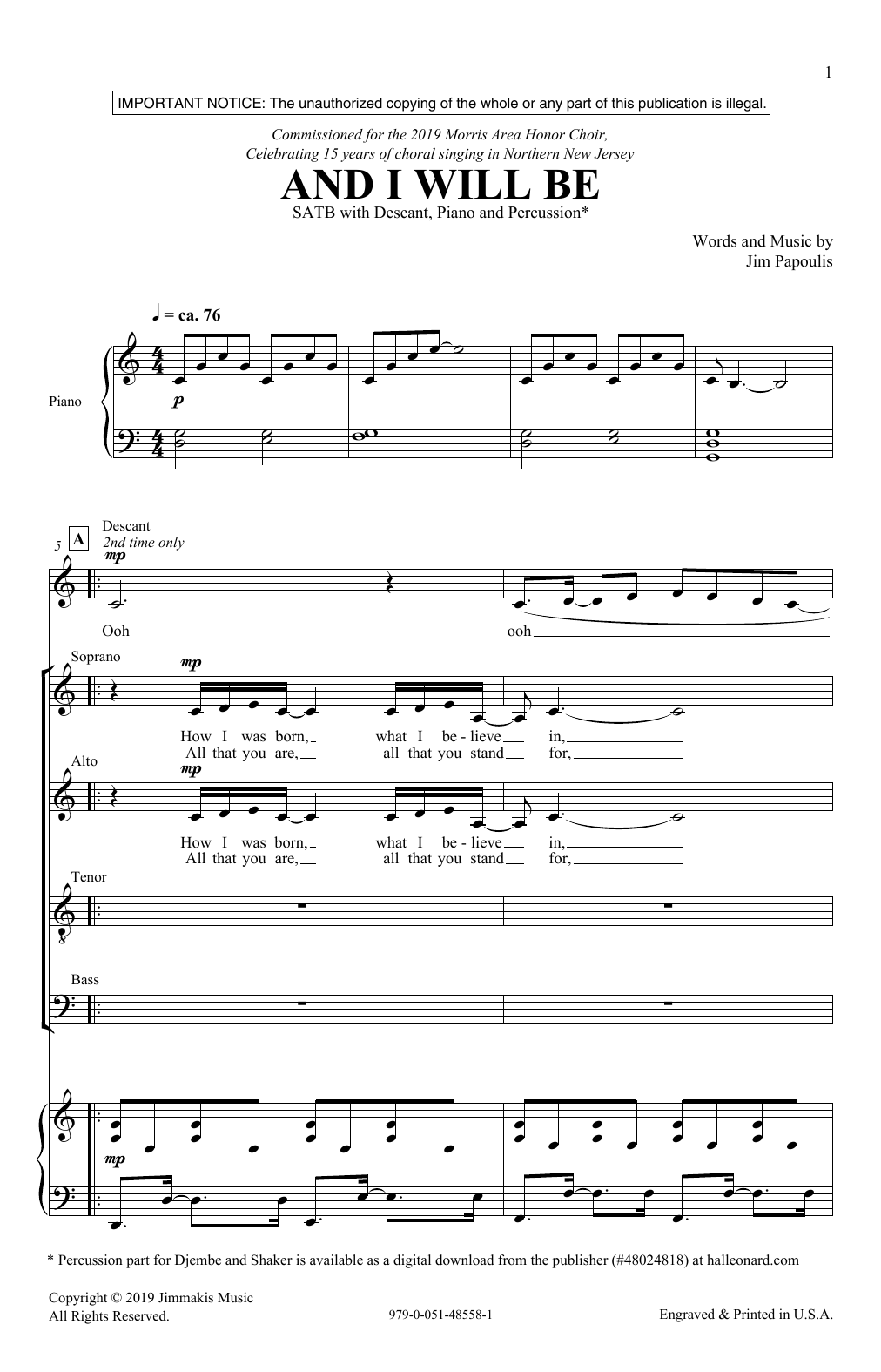 Jim Papoulis And I Will Be Sheet Music Notes & Chords for SATB Choir - Download or Print PDF