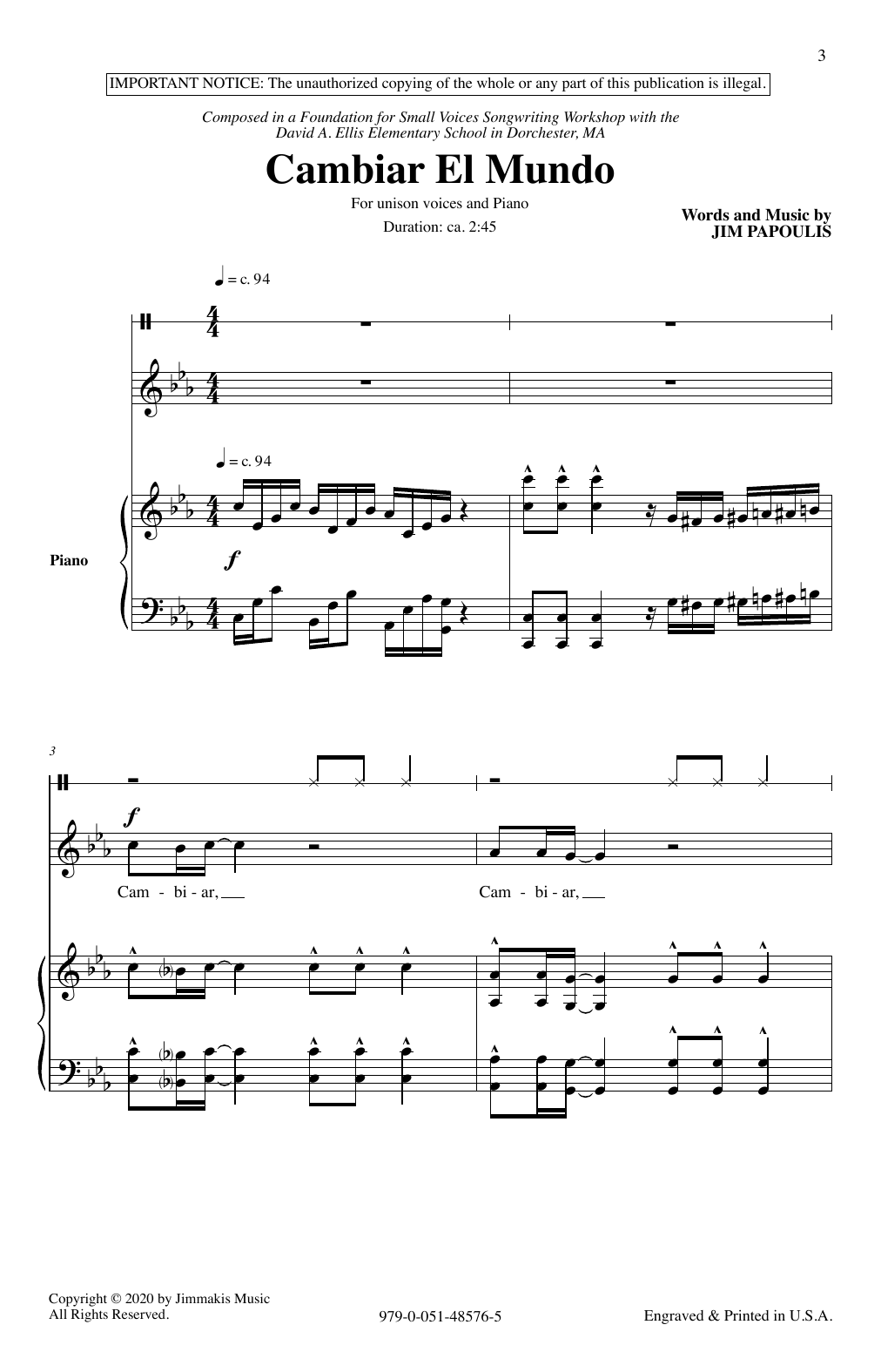 Jim Papoulis Cambiar El Mundo Sheet Music Notes & Chords for Unison Choir - Download or Print PDF