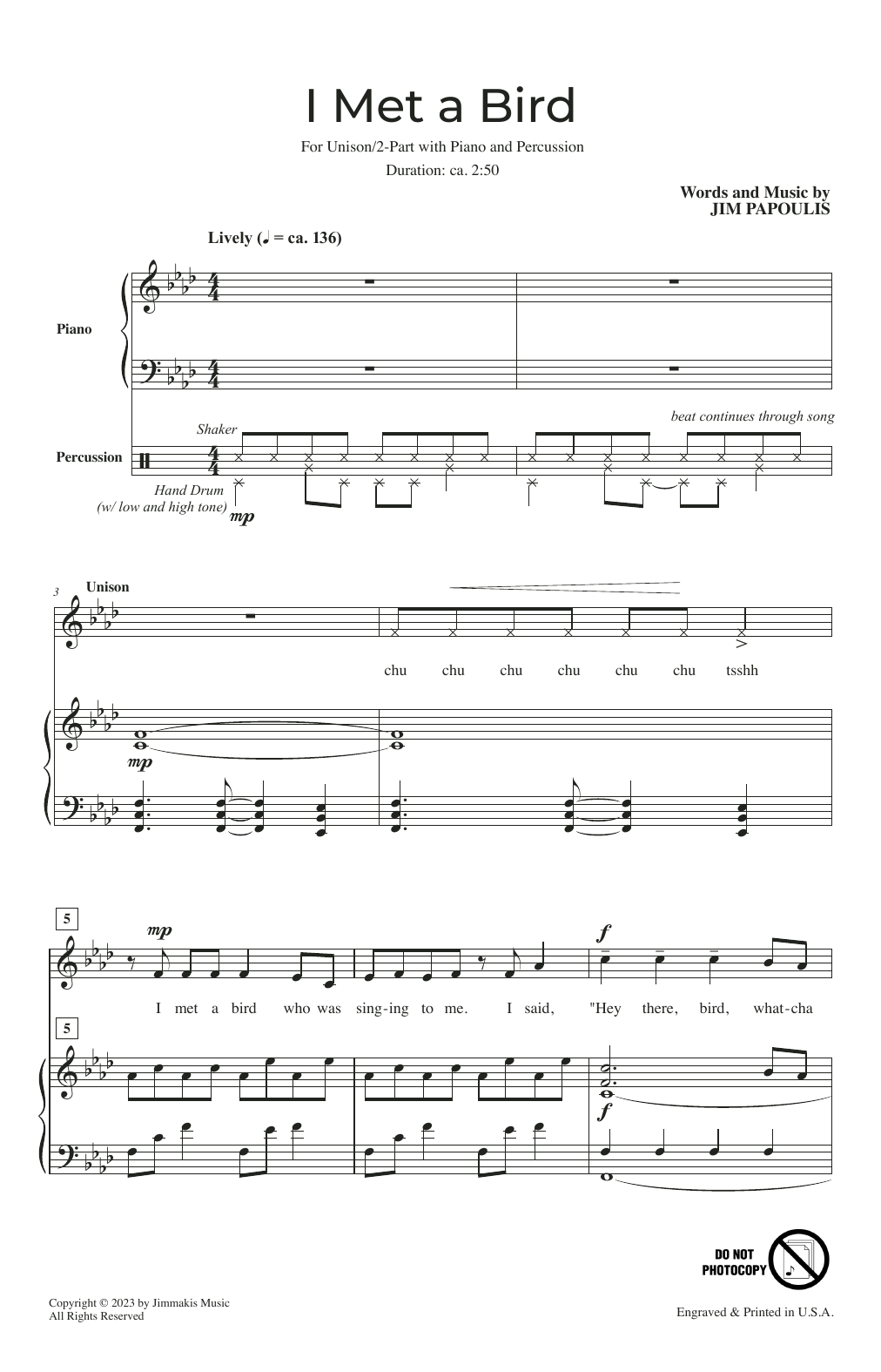 Jim Papoulis I Met A Bird Sheet Music Notes & Chords for Unison Choir - Download or Print PDF