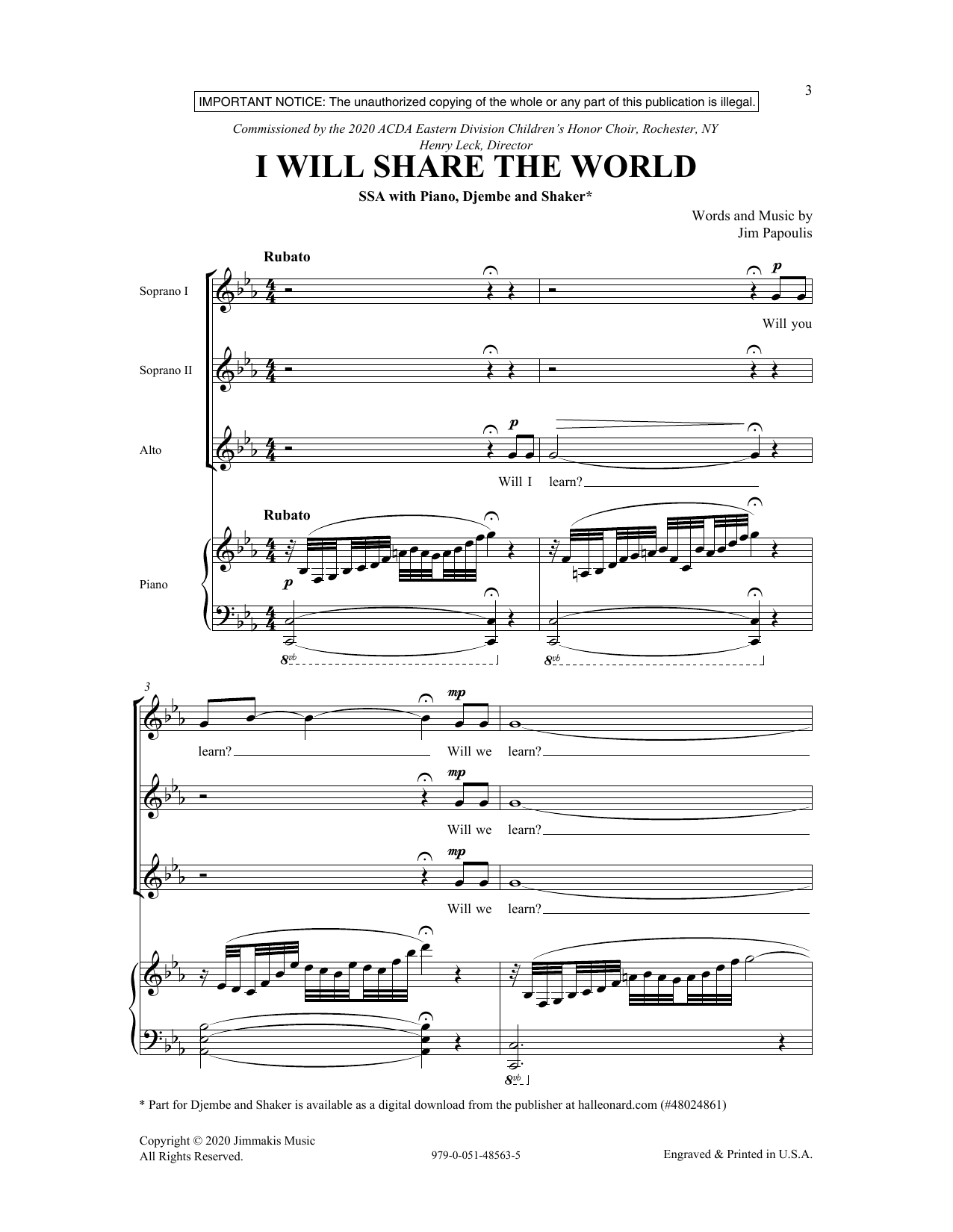 Jim Papoulis I Will Share The World Sheet Music Notes & Chords for SSA Choir - Download or Print PDF