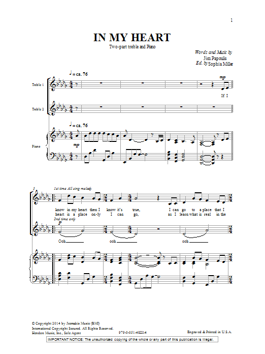 Jim Papoulis In My Heart Sheet Music Notes & Chords for 2-Part Choir - Download or Print PDF