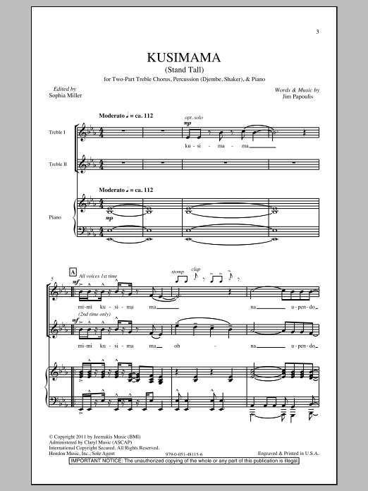 Jim Papoulis Kusimama (Stand Tall) Sheet Music Notes & Chords for SSA Choir - Download or Print PDF