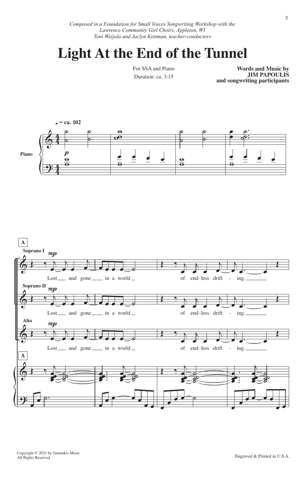 Jim Papoulis Light At The End Of The Tunnel Sheet Music Notes & Chords for SSA Choir - Download or Print PDF