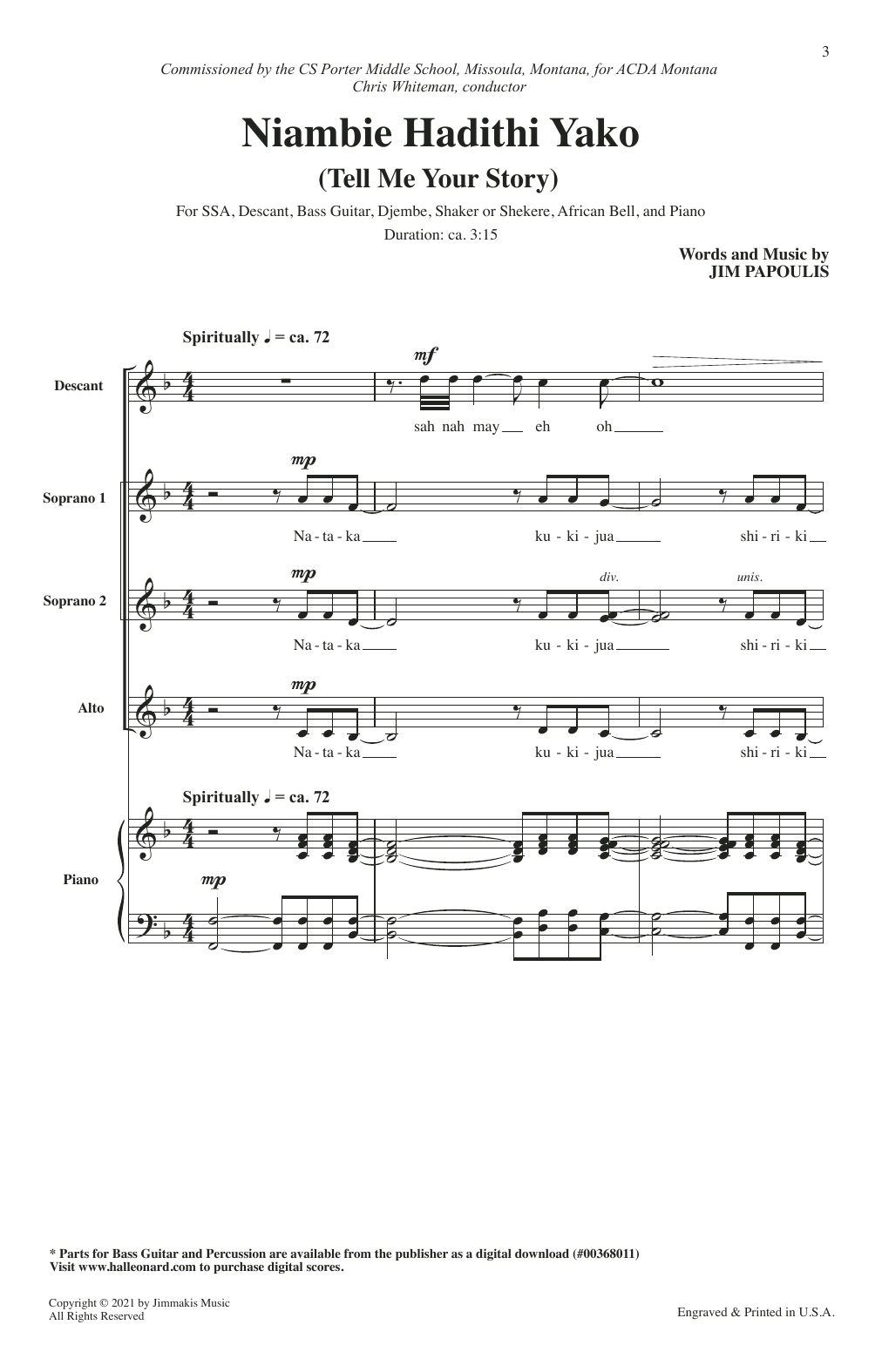 Jim Papoulis Niambie Hadithi Yako (Tell Me Your Story) Sheet Music Notes & Chords for SSA Choir - Download or Print PDF