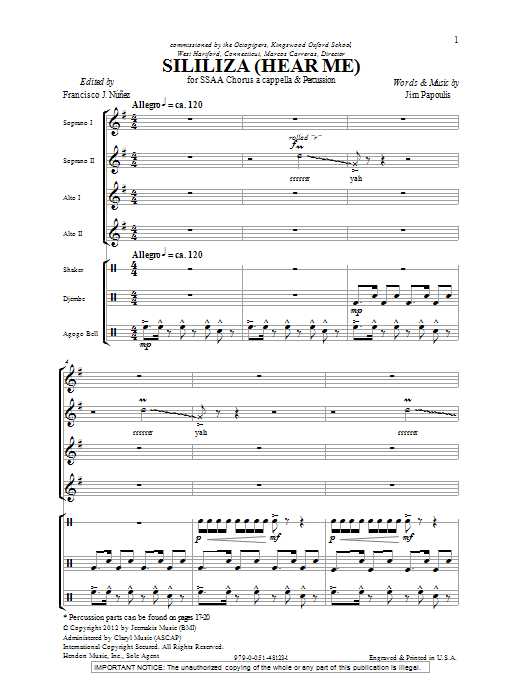 Jim Papoulis Sililiza (Hear Me) Sheet Music Notes & Chords for SSA Choir - Download or Print PDF