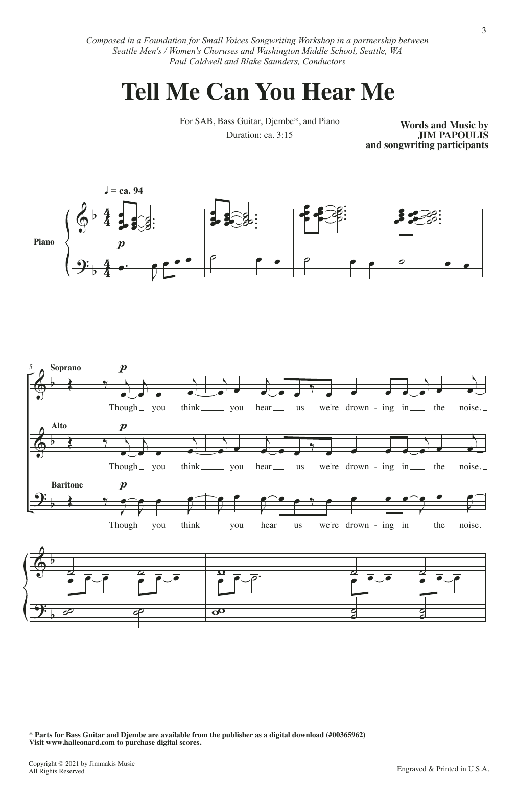 Jim Papoulis Tell Me Can You Hear Me Sheet Music Notes & Chords for SAB Choir - Download or Print PDF