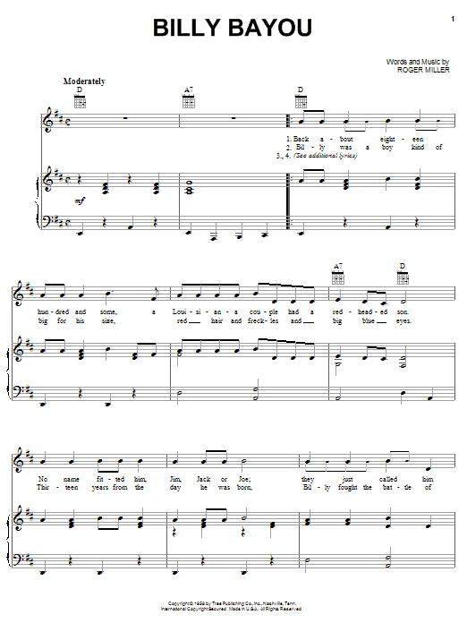 Jim Reeves Billy Bayou Sheet Music Notes & Chords for Lyrics & Chords - Download or Print PDF