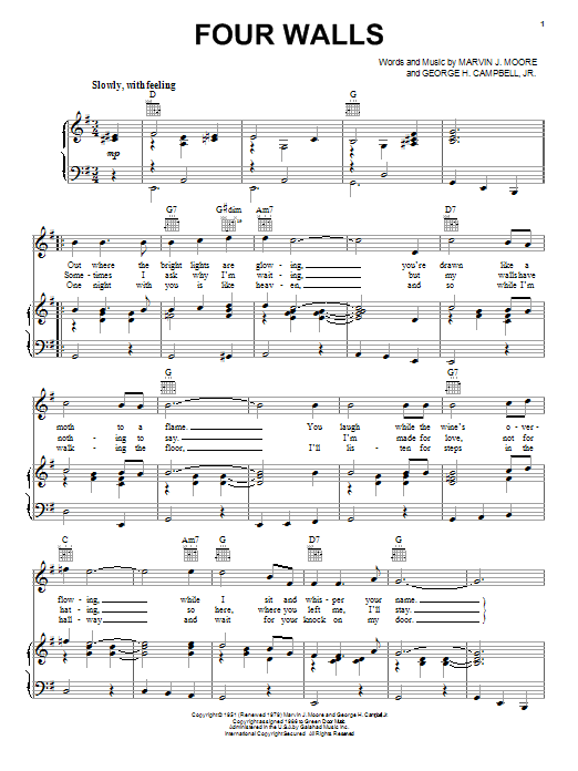 Jim Reeves Four Walls Sheet Music Notes & Chords for Real Book – Melody, Lyrics & Chords - Download or Print PDF
