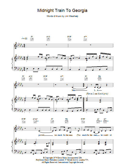 Jim Weatherly Midnight Train To Georgia Sheet Music Notes & Chords for Piano & Vocal - Download or Print PDF