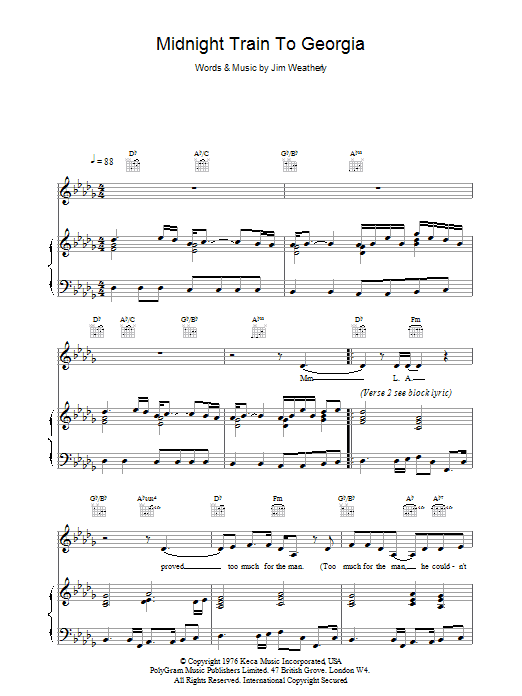 Jim Weatherly Midnight Train To Georgia sheet music notes and chords. Download Printable PDF.