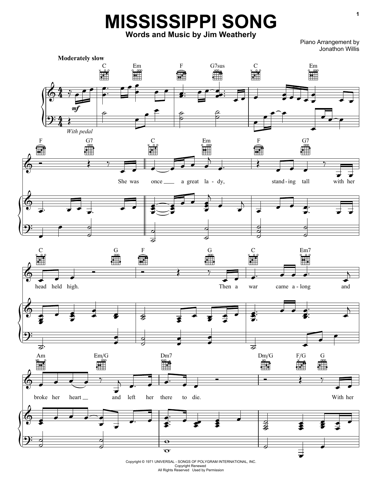 Jim Weatherly Mississippi Song Sheet Music Notes & Chords for Piano, Vocal & Guitar (Right-Hand Melody) - Download or Print PDF