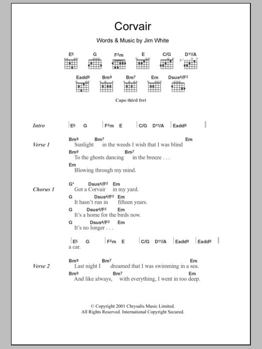 Jim White Corvair Sheet Music Notes & Chords for Lyrics & Chords - Download or Print PDF