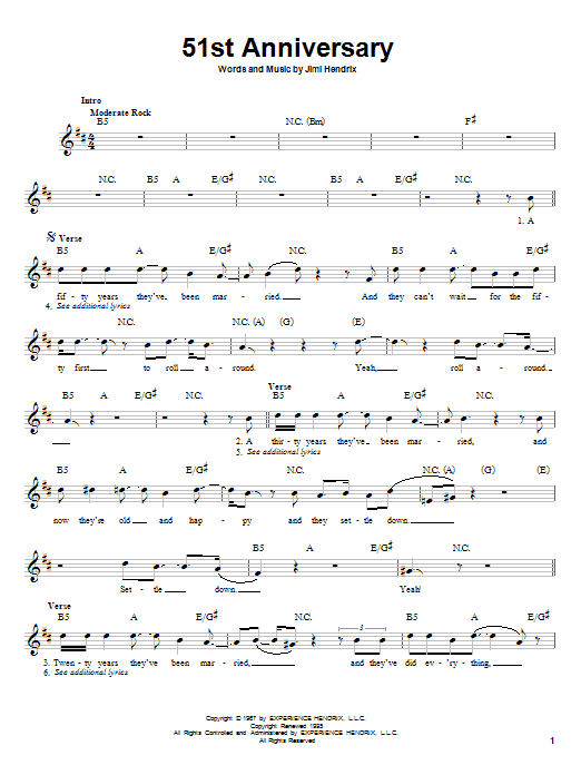 Jimi Hendrix 51st Anniversary Sheet Music Notes & Chords for Melody Line, Lyrics & Chords - Download or Print PDF