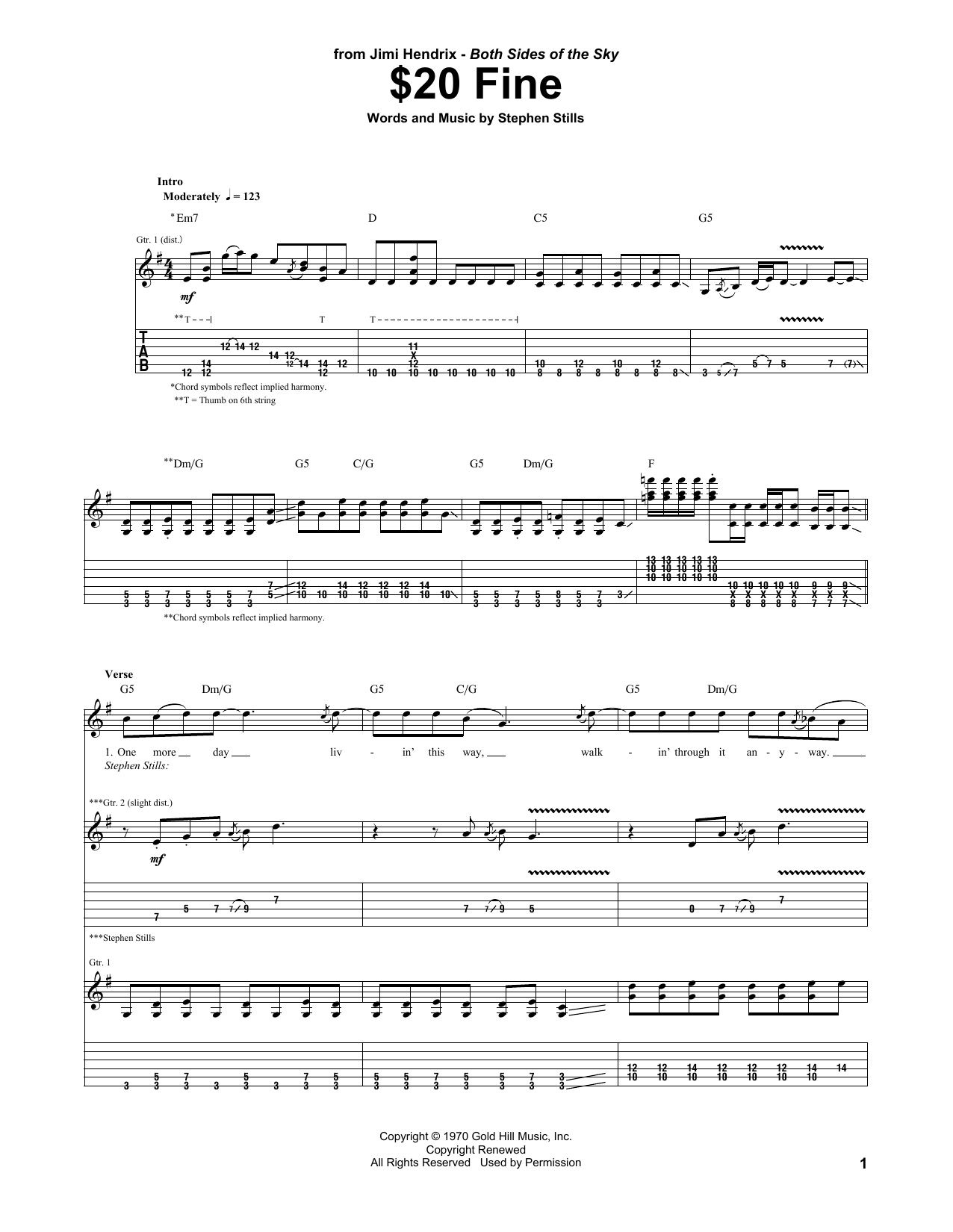 Jimi Hendrix $20 Fine Sheet Music Notes & Chords for Guitar Tab - Download or Print PDF