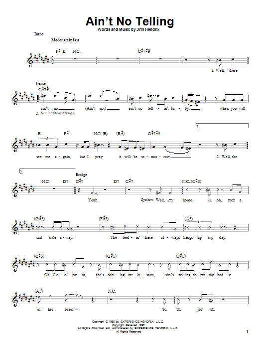 Jimi Hendrix Ain't No Telling Sheet Music Notes & Chords for Melody Line, Lyrics & Chords - Download or Print PDF