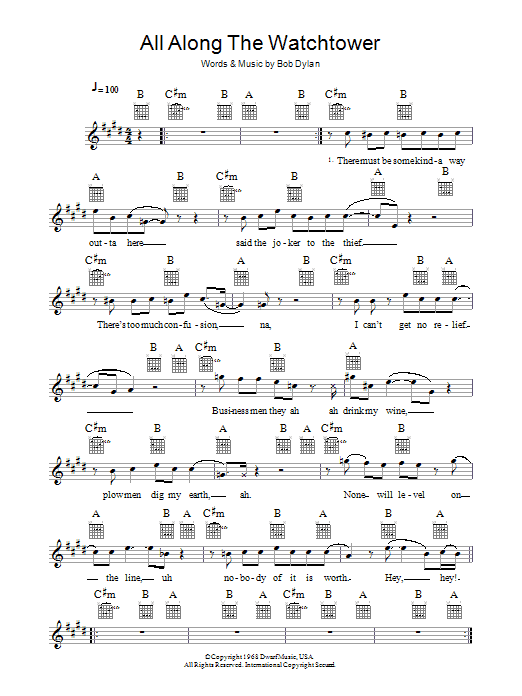 Jimi Hendrix All Along The Watchtower Sheet Music Notes & Chords for Ukulele Lyrics & Chords - Download or Print PDF