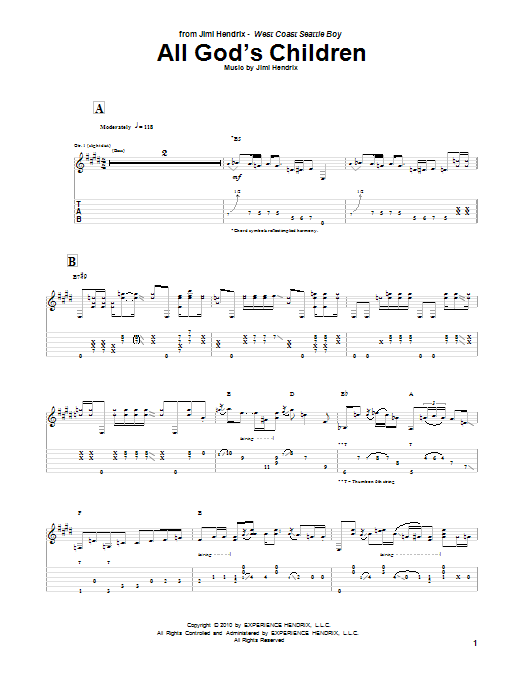 Jimi Hendrix All God's Children Sheet Music Notes & Chords for Guitar Tab - Download or Print PDF