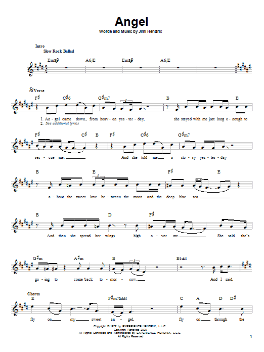 Jimi Hendrix Angel Sheet Music Notes & Chords for Piano, Vocal & Guitar (Right-Hand Melody) - Download or Print PDF