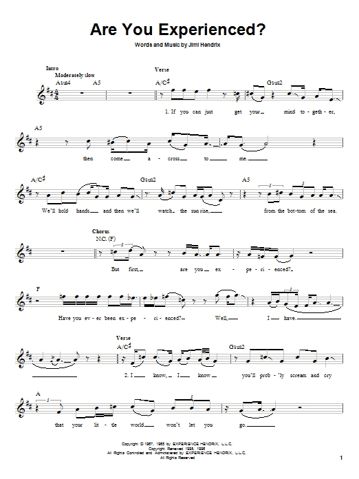Jimi Hendrix Are You Experienced? Sheet Music Notes & Chords for Melody Line, Lyrics & Chords - Download or Print PDF