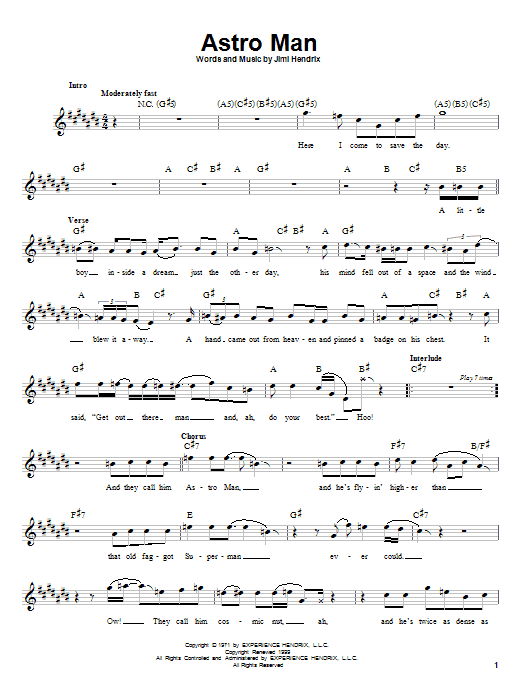 Jimi Hendrix Astro Man Sheet Music Notes & Chords for Melody Line, Lyrics & Chords - Download or Print PDF