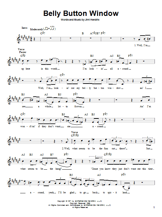 Jimi Hendrix Belly Button Window Sheet Music Notes & Chords for Melody Line, Lyrics & Chords - Download or Print PDF