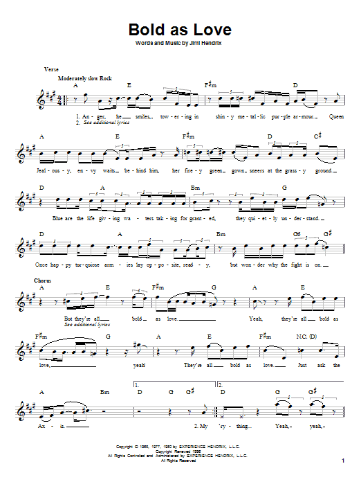 Jimi Hendrix Bold As Love Sheet Music Notes & Chords for Bass Guitar Tab - Download or Print PDF
