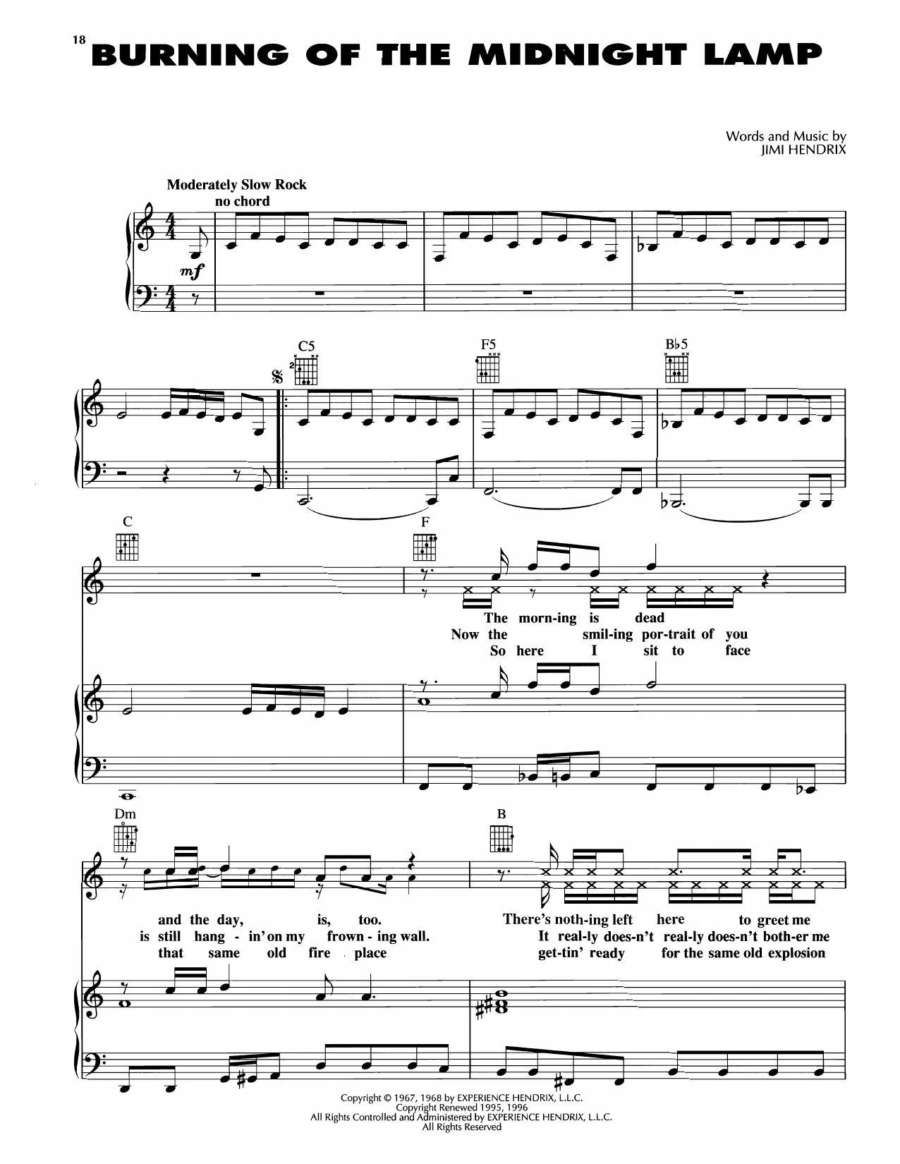 Jimi Hendrix Burning Of The Midnight Lamp Sheet Music Notes & Chords for Piano, Vocal & Guitar Chords (Right-Hand Melody) - Download or Print PDF